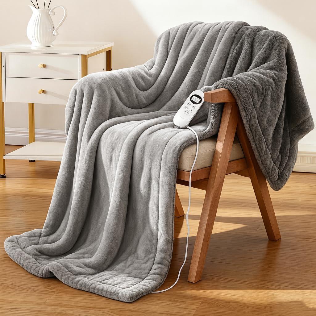 Electric Heated Blanket Throw 50''x60''  Soft Dual-Sided Flannel, 12 Heat Settings, Smart Timer, ETL & FCC Certified, Machine Washable (Deep Gray & Light Gray, Single(50"x60"))