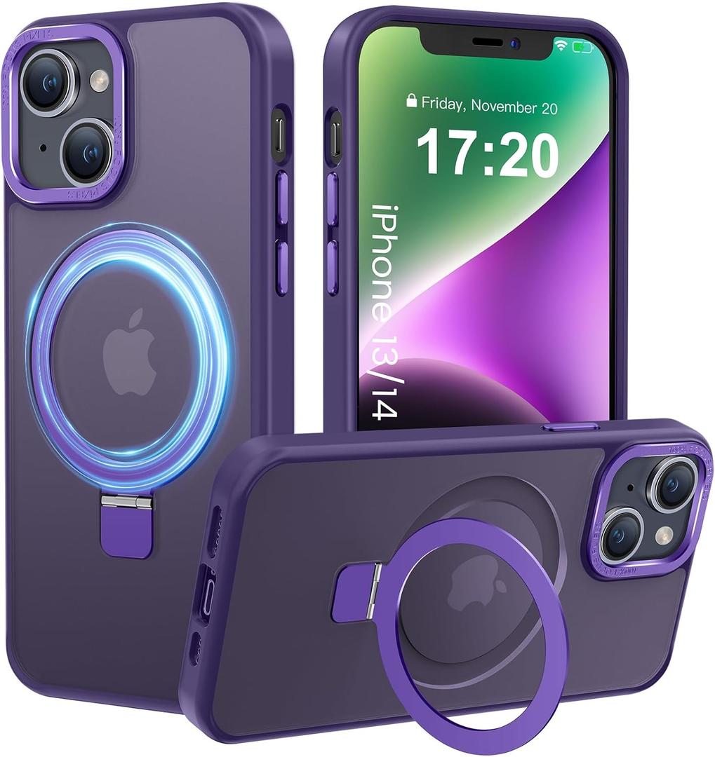 Compatible with iPhone 13/14 Case with Magnetic Ring Stand, Military Drop Protection, Anti-Scratch/Anti-Fingerprint Translucent Matte Phone Case for iPhone 13/14 (Purple)