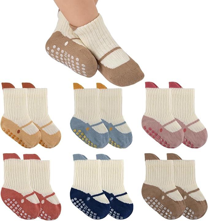 Baby Toddler Socks Girls Boys Non Slip Baby Grip Socks Cute Cotton Crew Socks for Newborn Infant Toddler 6 Pairs, 0-12m