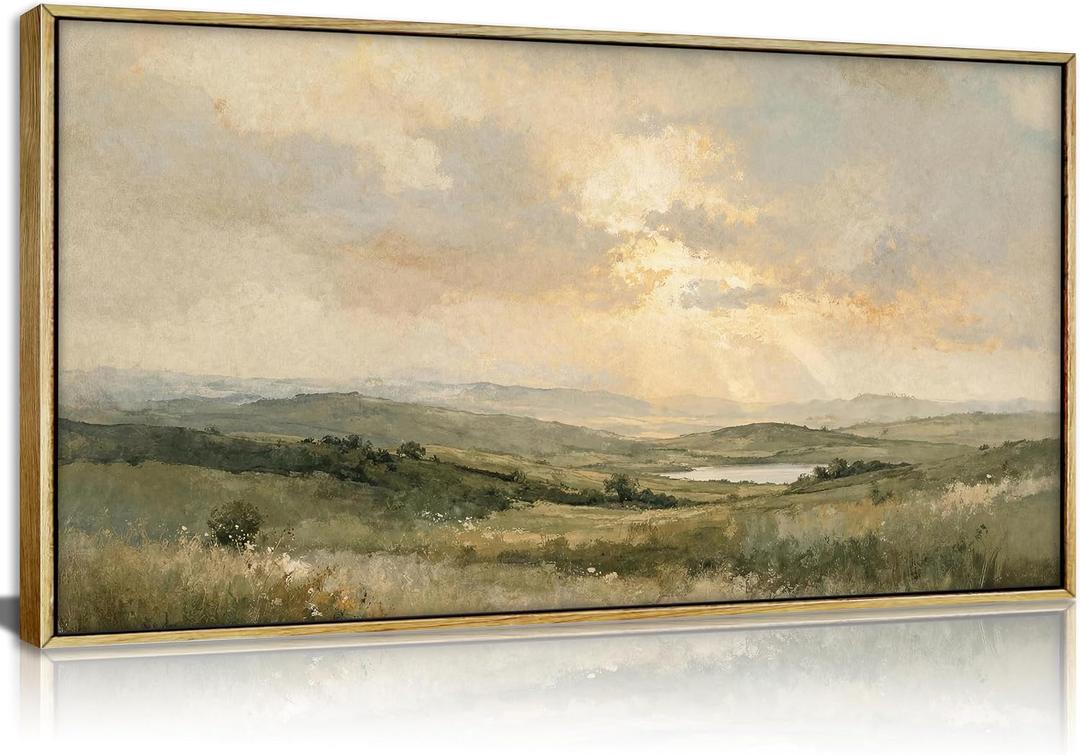 Large Framed Vintage Rustic Landscape Wall Art, Green Hills Canvas Print
Minimalist Abstract Nature Scenery Picture Wall Decor, Countryside Farmhouse Artwork for Living Room Bedroom. Size 19.75"/39.25"