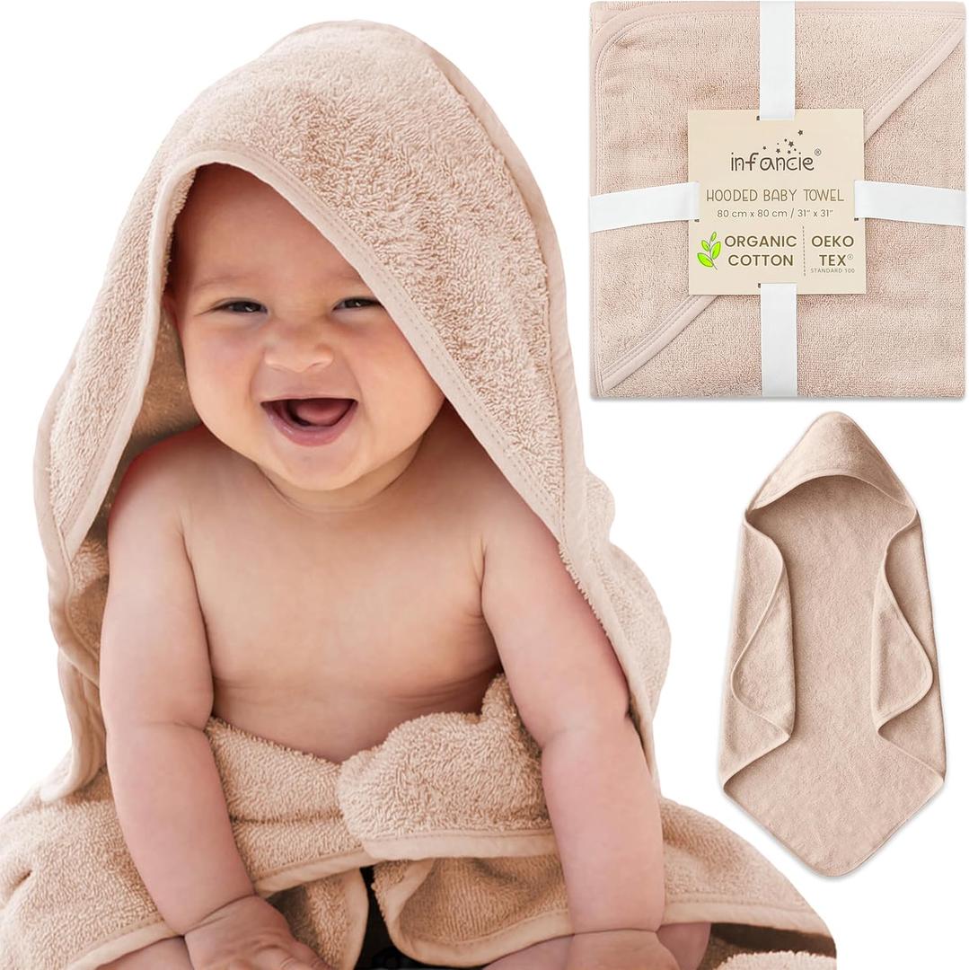 Organic Cotton Low-Twist Woven Hooded Baby Towels, 31x31 Inches, Soft Bath Towels with Hood for Newborns and Kids, Girls & Boys (Blush, 31.4" L x 31.4" W)