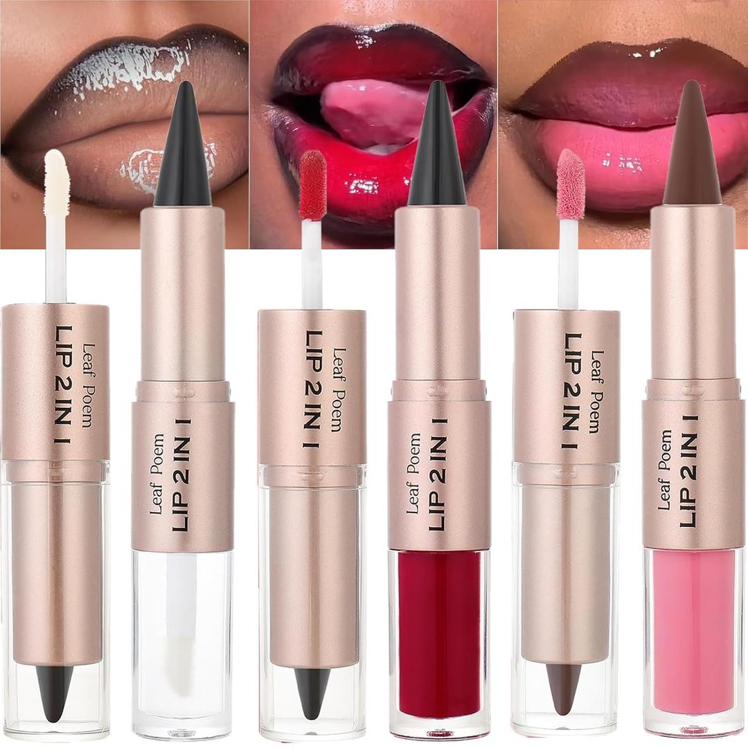 3 Pcs Lip Liner and Gloss Set 2 in 1 Lipstick with Dual-Ended and Smooth Buildable Lip Gloss for Women Lip Combo Makeup (3 Pcs Glossy #01#02#03)