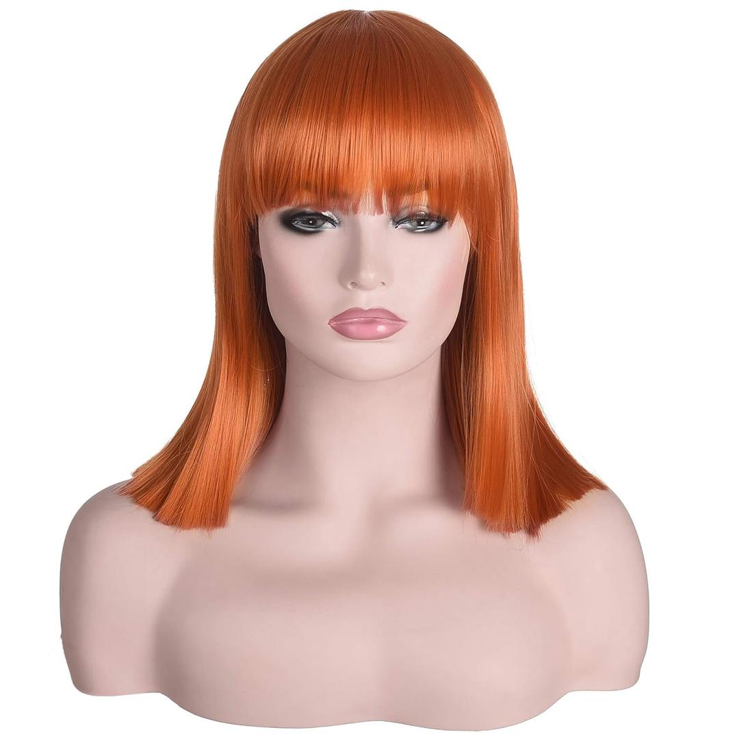 morvally Short Straight Ginger Bob Wig with Blunt Bangs Heat Resistant Hair Natural Looking Cosplay Costume Daily Wigs (14", 2735# Orange)