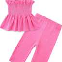 Toddler Girl Summer Clothes Solid Color Sweet Camisole Ruffle 2-Piece Infant Cotton Linen Pants Set (Pink)
