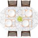 UMINEUX Oval Fitted Vinyl Tablecloth with Elastic Edged & Flannel Backing, Waterproof Wipeable Oval Table Cover - Fits Tables up to 42"X68" (WhiteMarble)