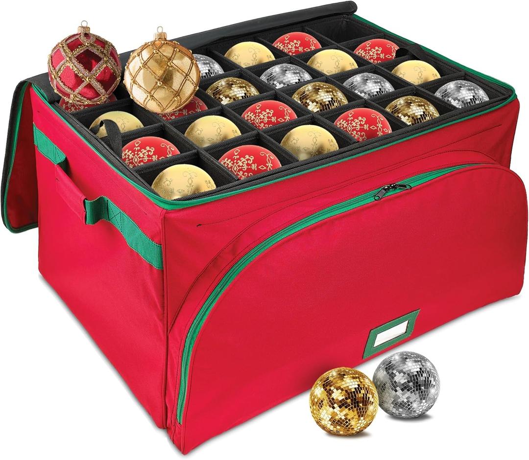 HOLDN STORAGE Premium Christmas Ornament Storage Container - Holds Up to 72-4 Ornaments Durable 600D Fabric - Adjustable Dividers - 3 Individual Trays - Metal Frame - Red