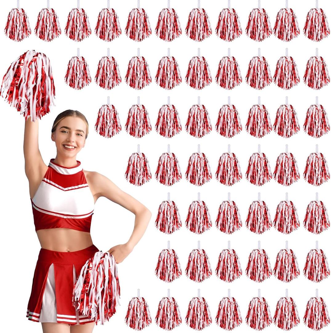60 Pcs Cheerleading Pom Poms Cheering Pompoms Bulk Cheer Metallic Foil Pom with Baton Handle Plastic Poms Squad for Game Team Spirit Sports Dancing Basketball Club (Red, White)