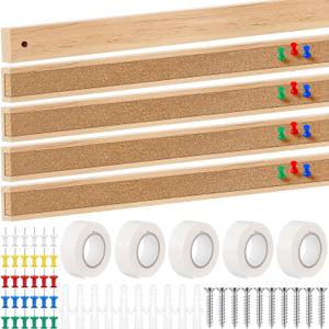 Threehoney 5 Pcs 48" x 1" Cork Strips Bulletin Bar Strips for Wall Bulletin Board Aluminum Trim Brown Cork Boards with Accessories for Paste Notes Photos Classroom Office Holiday Decor