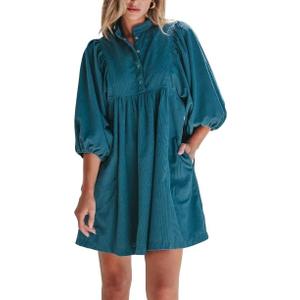 Womens Casual Dresses Corduroy Button Up Empire Waist 3/4 Sleeve Fall Winter Mini Babydoll Dress (Medium, Blue)