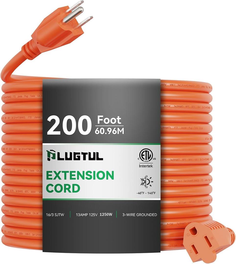 Outdoor Extension Cord 200 FT Waterproof, 16/3 Gauge Heavy Duty 3 Prong Extension Cord, 10A 1250W SJTW, ETL Listed, Great for Garden and Home, Orange