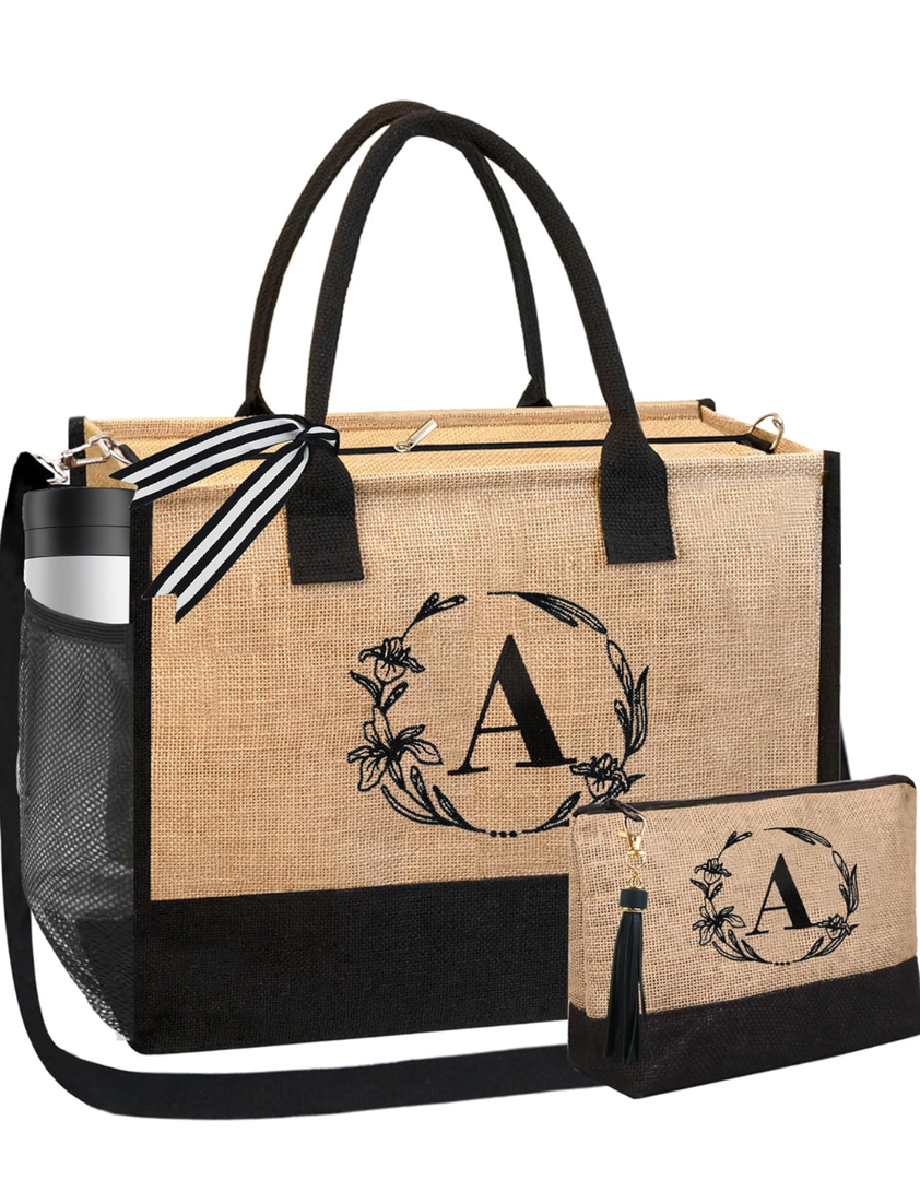 BeeGreen Initial Canvas/Jute Tote Bag Personalized Bag for Wedding, Birthday, Beach, Gift for Women, Mom, Teacher,Friend