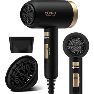 Hair Dryer, CONFU Blow Dryer with Diffuser, 21000PRM Professional Hairdryer, Portable Lightweight Fast Drying Negative Ionic Blow Dryer, Hair Diffuser for Curly Hair for Home Travel (Black)