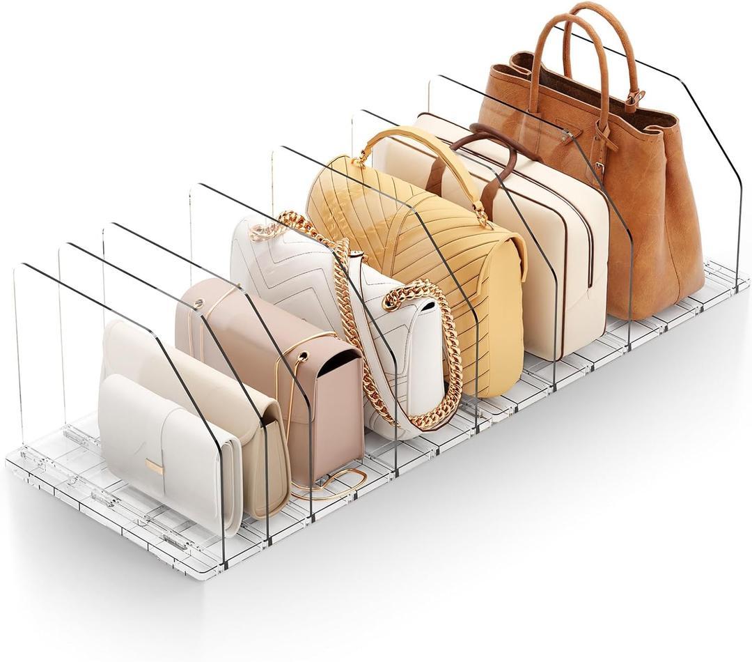 iStoreMaxy Purse Organizer for Closet, Shelf Divider Adjustable Clear Acrylic Handbag Storage, Bag Storage Separators, Keep Handbag & Books Neat and Upright in Bedroom, Office (1-PACK)