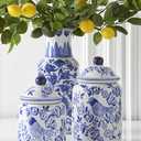 K&K Interiors Porcelain Blue and White Chinoiserie Square Vase, - 15299A