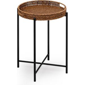 DINGTAI Small Wicker Round End Table, 16.5 in Rattan End Tables with Removable Tray, Waterproof Sofa Coffee Side Table, Indoor Outdoor Side Tables for Patio, Living Room Bedroom Office, 16"d X 16"w X 22.5"h