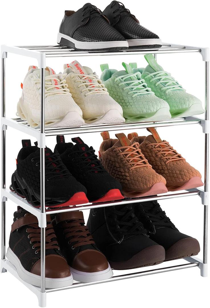 4-Tier Stackable Small Shoe Rack, Lightweight Shoe Shelf Storage Organizer for Entryway, Hallway and Closet(White)
