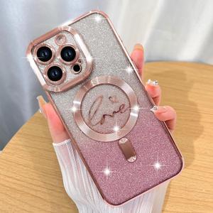 ZIYE Magnetic Case Designed for iPhone 14 Pro Glitter Case Luxury Plating Love Heart Compatible with MagSafe Clear Case with Camera Protector Protection Shockproof Cover for Women Girls-Pink