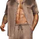 Ekouaer Men Satin Silk Pajamas Set with Pockets Sleepwear Shorts Satin Summer Loungewear 2 Piece Button Down Set S-3XL (Brown, L)