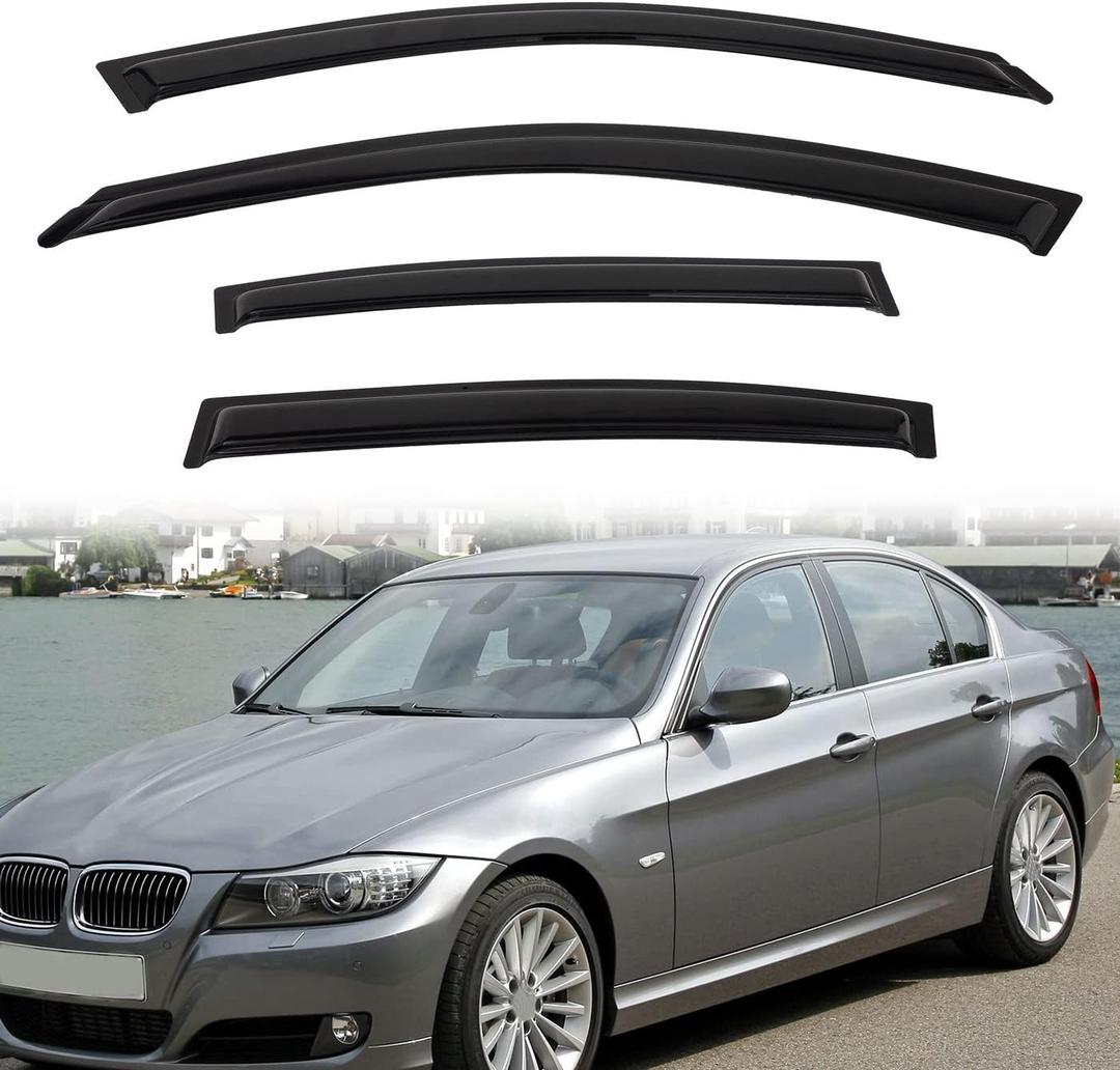 4pcs Out-Channel Smoke Tint Rain Guard compatible with 2006-2011 BMW E90 3-Series 4-Door Sedan M3 323 325 328 330 335 i xdrive xi d Tape-On Vent Deflector Window Visors Car Accessories