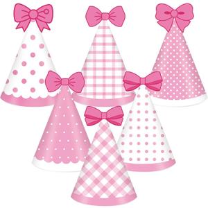 24pcs Pink Cat Party Hats Bow Birthday Party Supplies Cartoon Cute Cone Hats Pink Cat Stripe Dot Paper Hat with Elastic String for Girls Baby Shower Bridal Shower Decorations