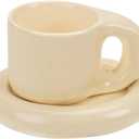 Koythin Ceramic Coffee Chubby Mug Saucer Set, Creative Cute Fat Handle Cup with Saucer for Office and Home, Dishwasher and Microwave Safe, 10 oz for Latte Tea Milk (Milky Apricot)