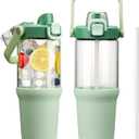 Glass Tumbler with Carry Handle, Clear Glass Water Bottle with Leakproof Lid, Spout Lid&Straw, BPA-Free, 32 oz, Light Green