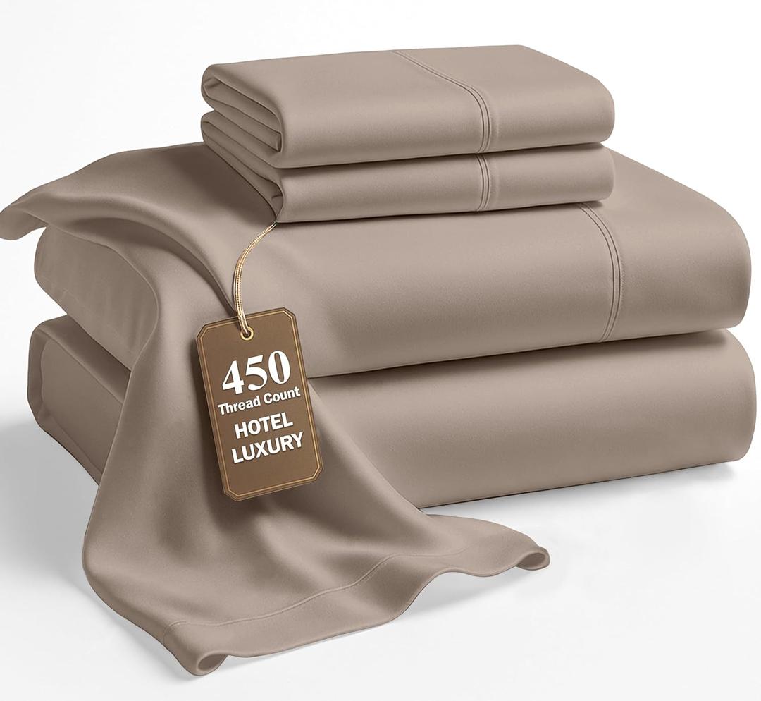 Lane Linen 100% Cotton Bed Sheets  450 Thread Count Cooling Sheets Queen, Durable Daily Use Bedding, Value Comfort for Nightly Rest, Hotel Sateen Finish, Snug Fit 15" Deep Pocket Fitted Sheet  Taupe