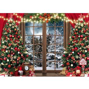 CHAIYA 7X5FT Christmas Backdrop Christmas Window Background Red Xmas Curtain Background Winter Snow Xmas Tree Gift Family Party Banner New Year Party Backdrop