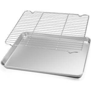 TeamFar Baking Sheet with Rack Set, Stainless Steel Baking Pan Cookie Sheet with Cooling Rack, Size 17.6 x 13 x 1inch, Non Toxic & Heavy Duty, Easy Clean & Dishwasher Safe