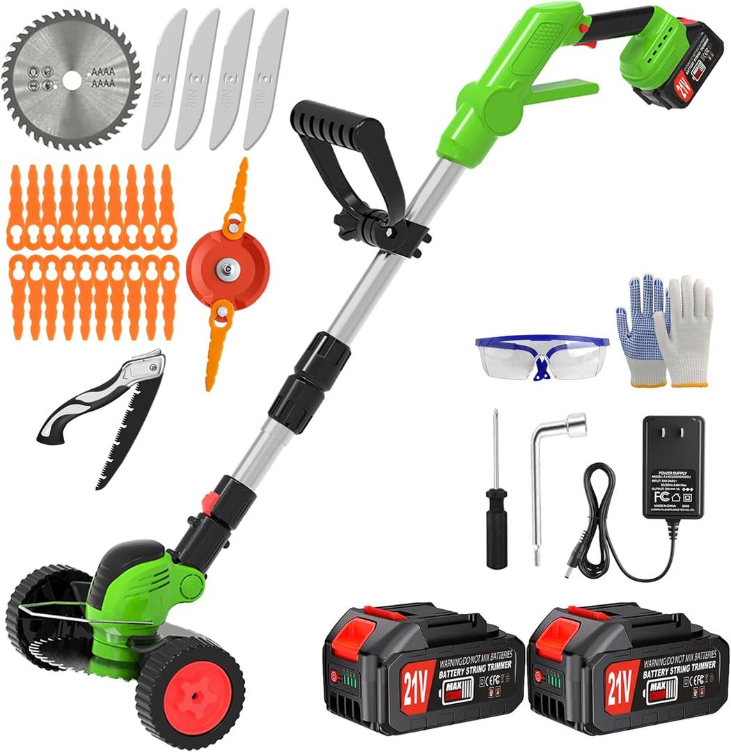 Electric Cordless Weed Wacker Eater Battery Powered,21V/4.0Ah Lightweight No-String Weed Trimmer with 2 Battery Operated& Wheels,3 in 1 Stringless Grass Trimmer/Edger/Brush Cutter for Garden Yard Lawn