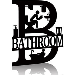 Metal Bathroom Signs Wall Decor, 12x14 Inch Black Bathroom Wall Art, Farmhouse Funny Restroom Sign for Modern Home Decoration Gift for Housewarming
