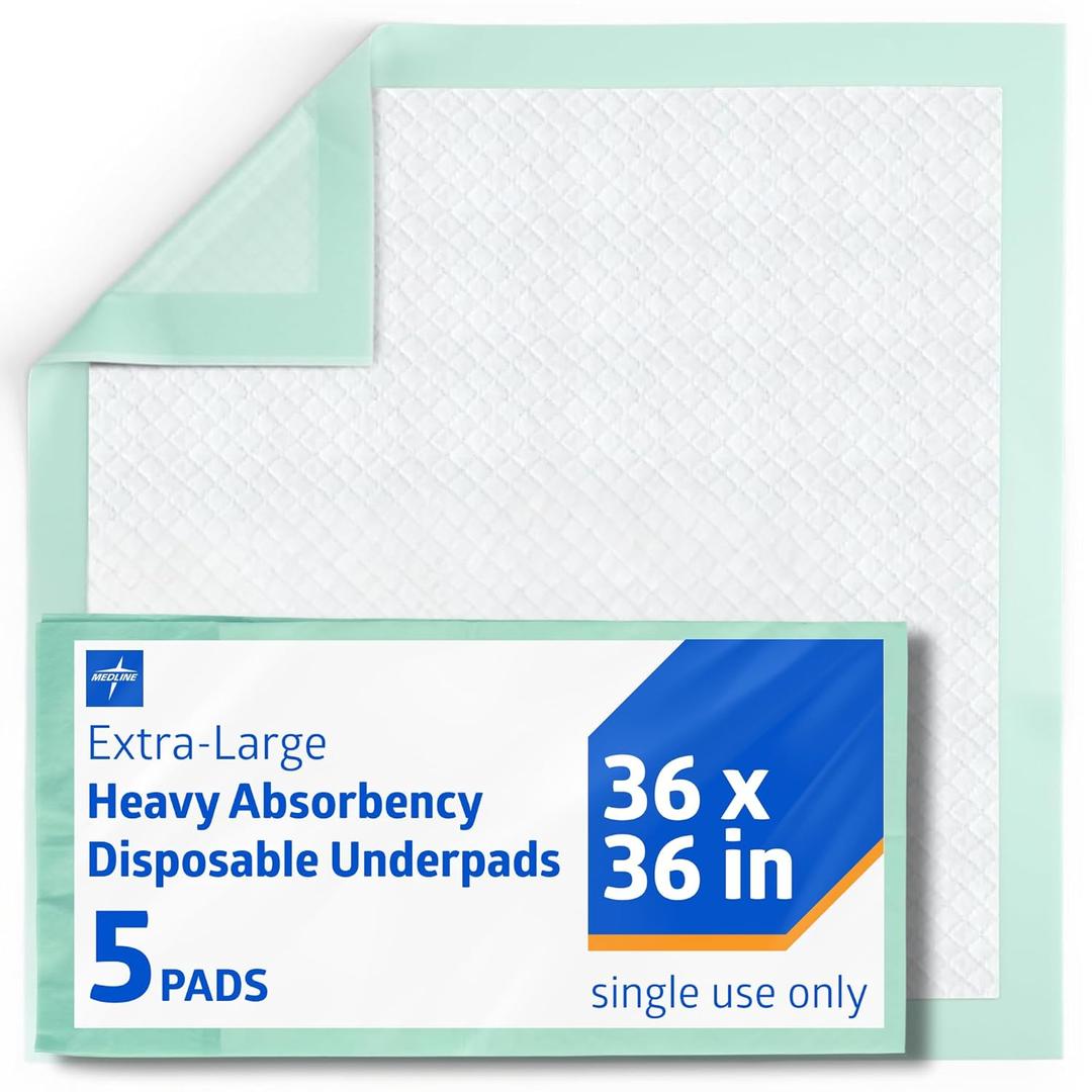 Medline Bed Pads Disposable Adult, Heavy Duty Chux Pads, 36x36, 5 Count, Incontinence Bed Pads for Adults, Chucks Underpads Extra Large, Disposable Bed Pads for Incontinence, Pee Pads