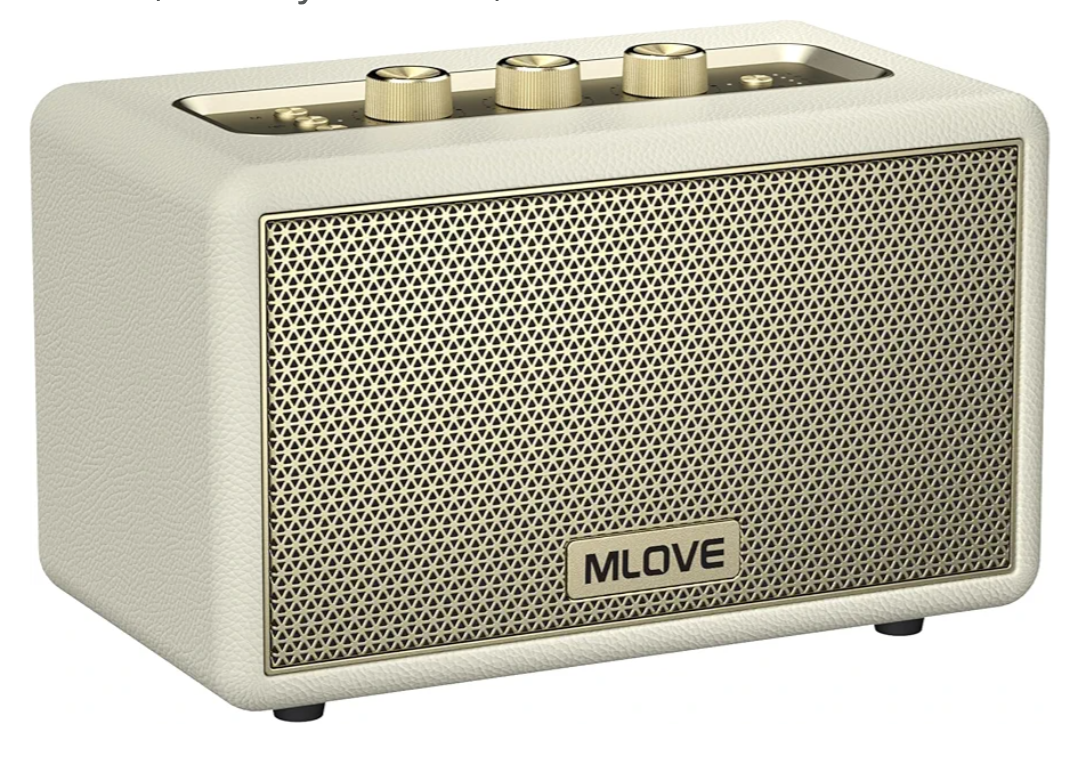 MLOVE A200 Portable Retro Bluetooth Speaker with Aux Input, USB Port, Micro SD Card Slot - Decorative Wireless Bookshelf Speakers for Home & Office, Battery Powered, White and Gold