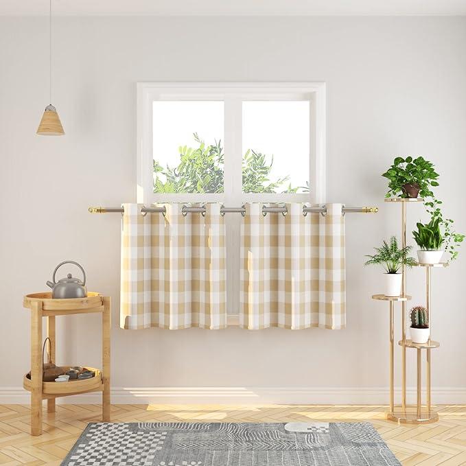 NATUS WEAVER Tier Curtains 24 inches Long Buffalo Check Gingham Plaid Kitchen Window Curtain Panels Bathroom Grommet Top Window Treatment 2 Panels Beige and White