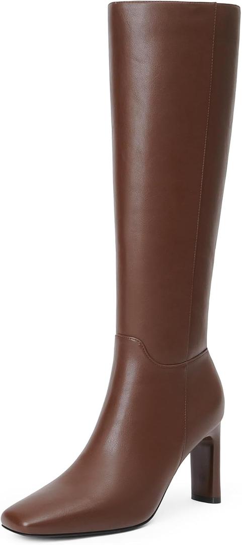 Modatope Knee High Boots for Women Square Toe Chunky Heel Long Tall Fall Boots for Women (7.5, Brown)
