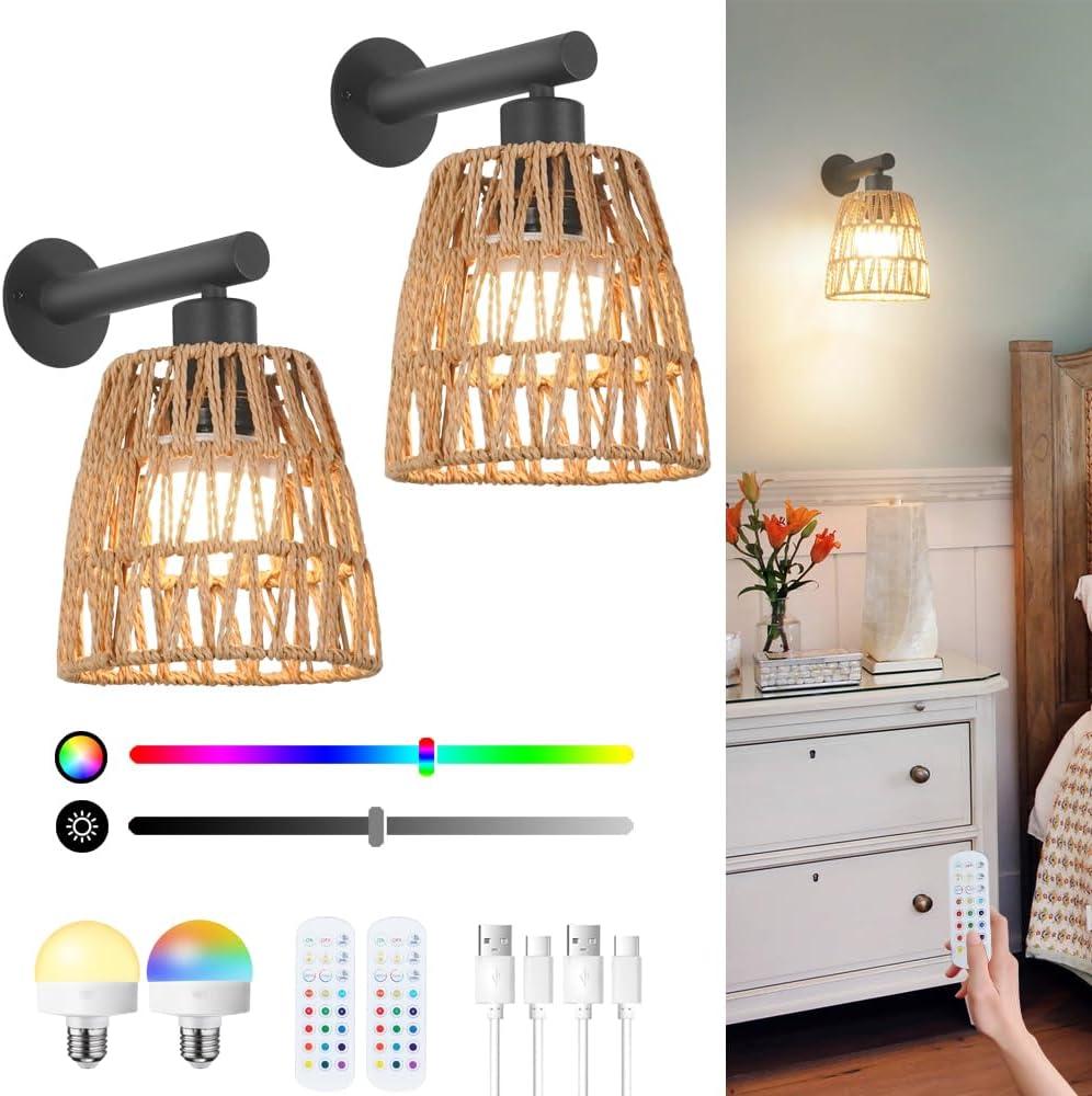 Boho Battery Operated Wall Sconces, Rattan Wall Sconce Set of 2 with Remote, RGB 15 Colors Dimmable Rechargeable Wall Light, Black Indoor Wireless Wall Lamp, Farmhouse Rattan Wall Lighting for Bedroom (6.3in wireless)