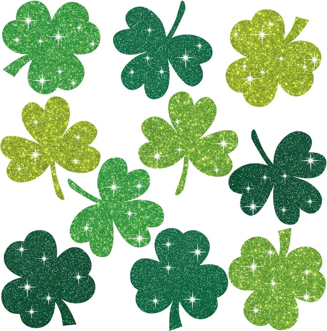 Seajan 200 Pcs St. Patrick's Day Cutouts Decoration Shamrock Glitter Paper Cutouts with 400 Pcs Glue Points 4 Color Lucky Bulletin Board Decoration for Classroom Home Door Wall St. Patrick's Day Party