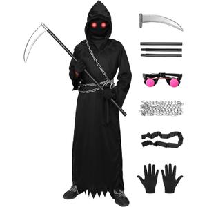Alaiyaky Grim Reaper Costume for Kids Boys, Halloween Scary Grim Reaper Costume with Glowing Red Eyes, Scythe, Chain (Black-Kids, Kids-S (6-8Years))