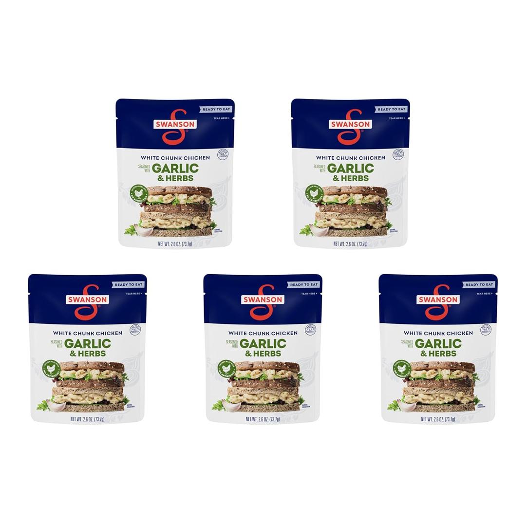 Swanson Garlic and Herbs White Chunk Fully Cooked Chicken, Ready to Eat, Simple On-the-Go Meals, 2.6 OZ Pouch (Pack of 5), Best By: October 2 2026
