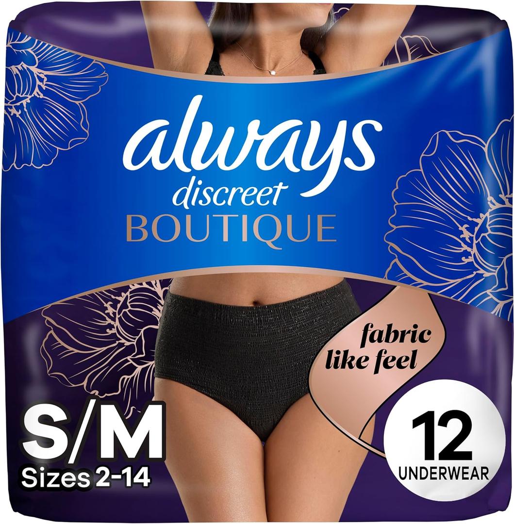 Always Discreet Boutique Incontinence and Postpartum Underwear for Women, Maximum Protection, Small/Medium, Black, 12 Count
