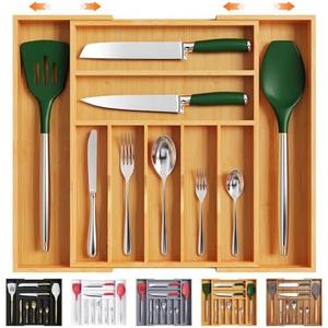 Bellsal Large Premium Bamboo Silverware Organizer - Expandable Utensil Drawer Organizer - 17"x19.6" Utensil Holder and Cutlery Tray with Grooved for Kitchen Flatware and Utensils Mother's Day Gift