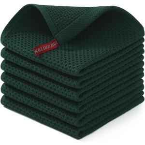 Homaxy 100% Cotton Waffle Weave Kitchen Dish Cloths, Ultra Soft Absorbent Quick Drying Dish Towels, 12 x 12 Inches, 6-Pack, Blackish Green