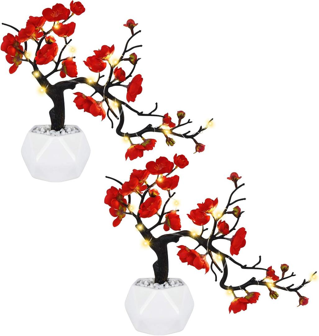 Dolicer 2 Pack Plum Blossom 2 string lights (without battery) Artificial Flowers Silk Blossoms with Ceramic Vase Double Branches Simulation Flower Blossom Potted Arrangement for Home Party Decor, Red