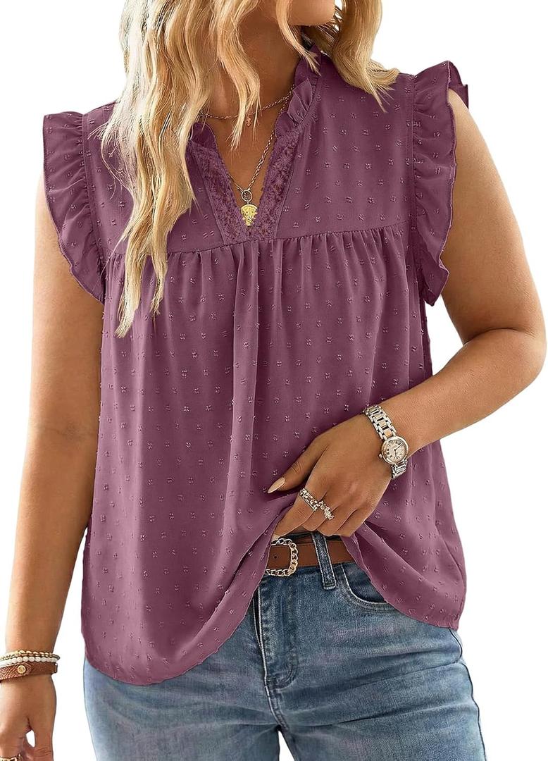 AlvaQ Womens Plus Size Summer Blouses Flowy V Neck Swiss Dot Sleeveless Ruffle Tank Top (X-Large Plus, Purple)