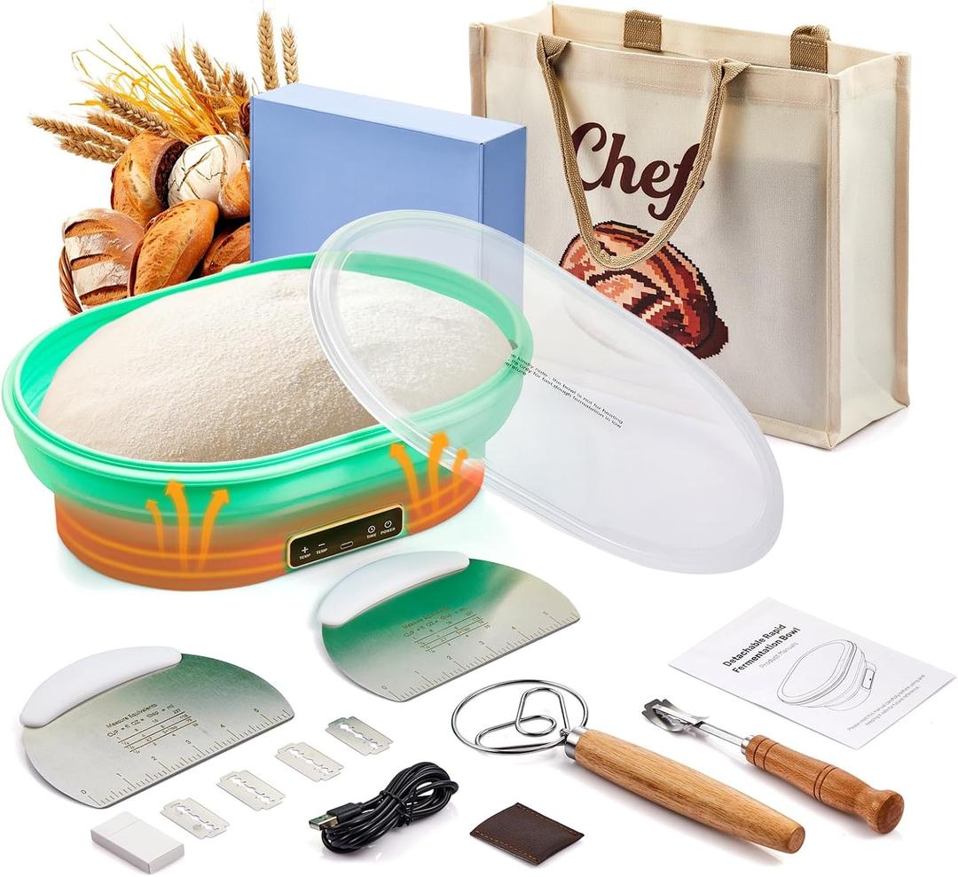 Banneton Bread Proofing Basket 4L Oval Foldable | Heating Silicone Sourdough Starter Kit with Digital Panel | Sourdough Bread Baking Supplies&Baker Gift