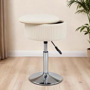 Adjustable Vanity Stool with Storage, 360 Swivel Vanity Chair, Velvet Small Round Ottoman Footrest for Bathroom, Makeup Room, Beige (Silver Base)