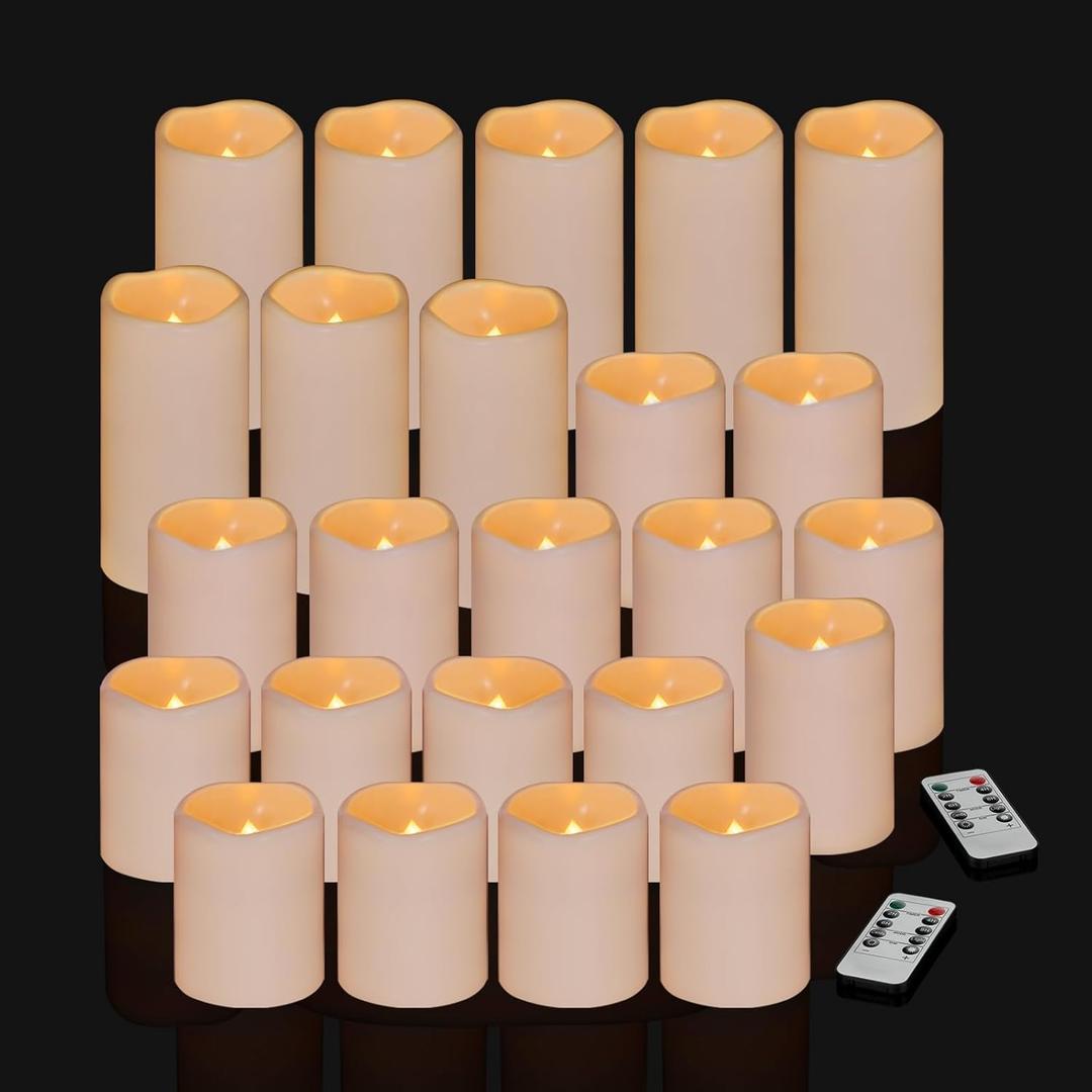Flameless Candles 4" 5" 6" Set of 24 Ivory Outdoor Indoor Pillars 3" Diameter Battery Operated Flickering Candles Include 10-Key Remote Timer Function 400+ Hours Requires 2 AA Batteries (24 Pack)