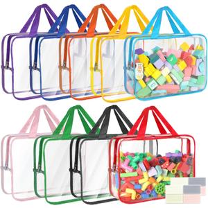 9 Packs Toy Storage Bags with Labels, 11.8x8.7x3.9In Large PVC Reusable Clear Board Game Storage with Zipper, Travel Waterproof Organizer Bags for Building Blocks, Puzzle, Books, Stationery