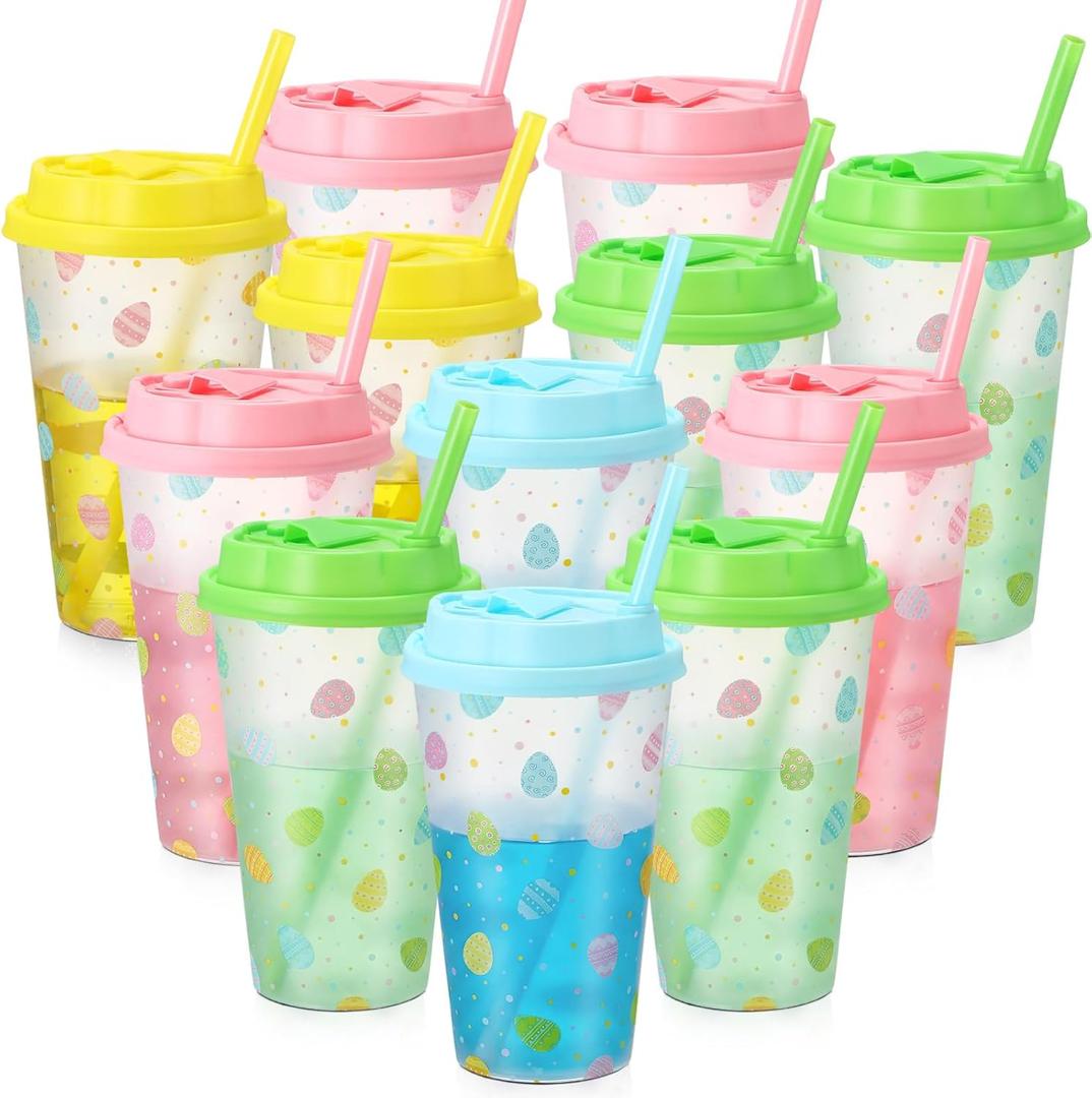 Easter Party Decorations Includes 24 Pcs Easter Cups with Lids and Straws, 16 oz Plastic Easterr Eggs Pattern Party Cups for Party Favors Supplies Decor