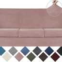 WEERRW 4 Pieces Velvet High Stretch Couch Covers for 3 Cushion Couch Sofa Slipcovers, Washable Furniture Protector with Non Slip Elastic Bottom, Feature Soft and Thick Plush Fabric, Pink, Large